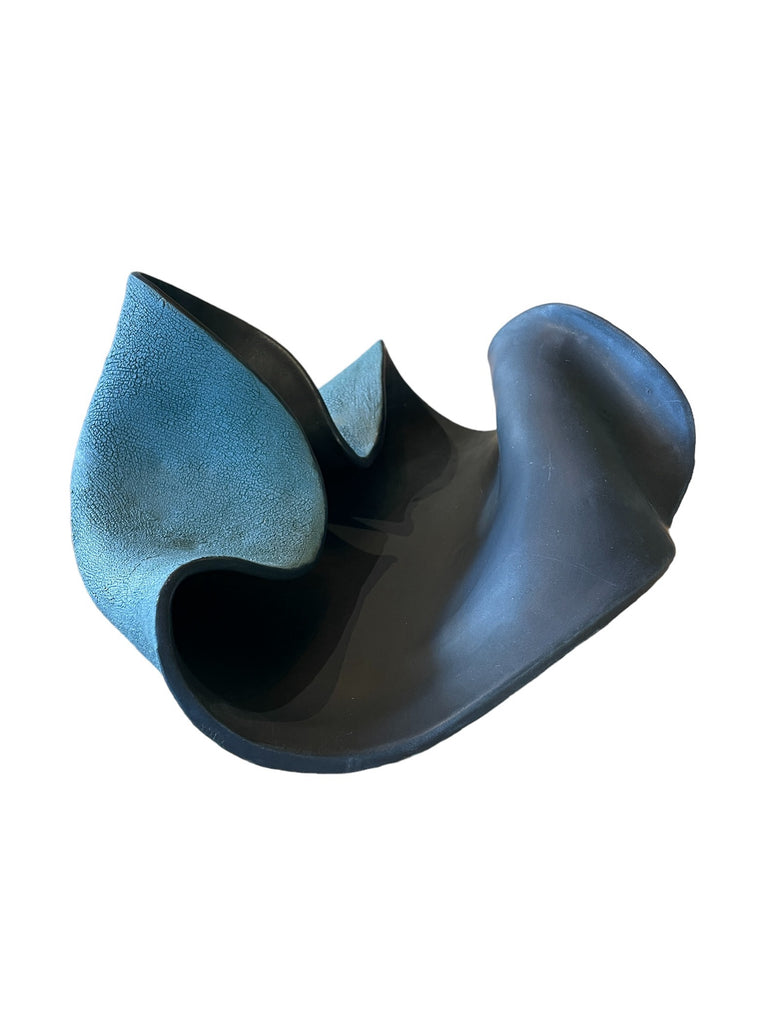 Ceramic Sculpture in Two-Tone Matte Black with Teal Crackle