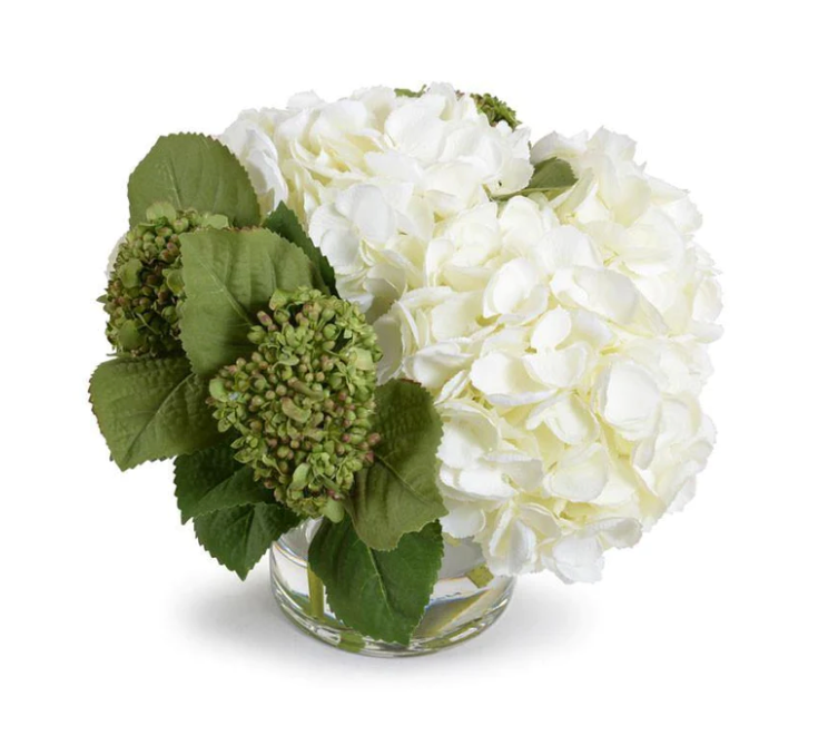 Hydrangea Bud Arrangement in Clear Glass Vase, Green & White.