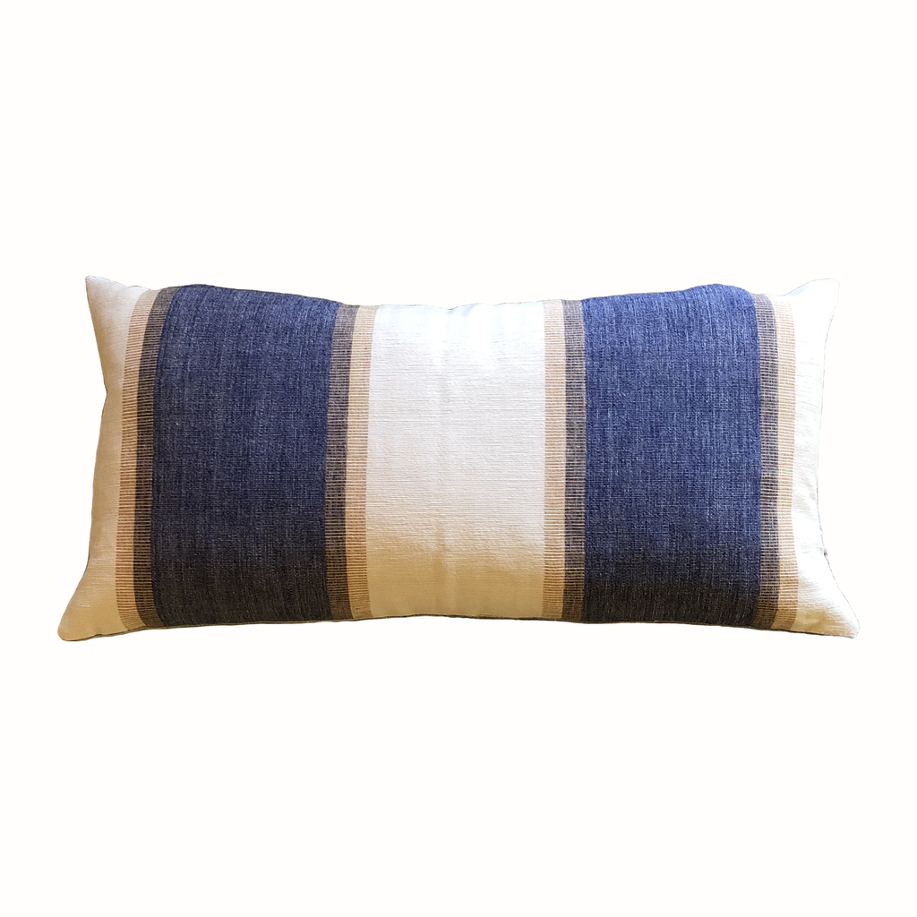 Cotton Lumbar Pillow with Embroidered Curved Pattern & Tassels, Cream Color & Blue