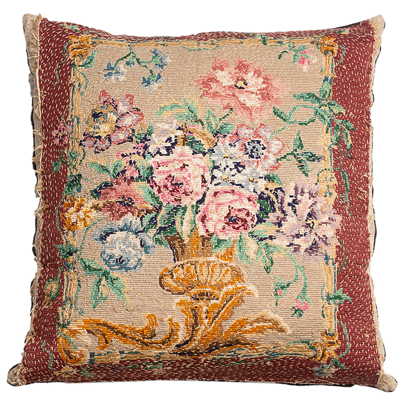 Antique Floral Beaded Needlepoint Pillow