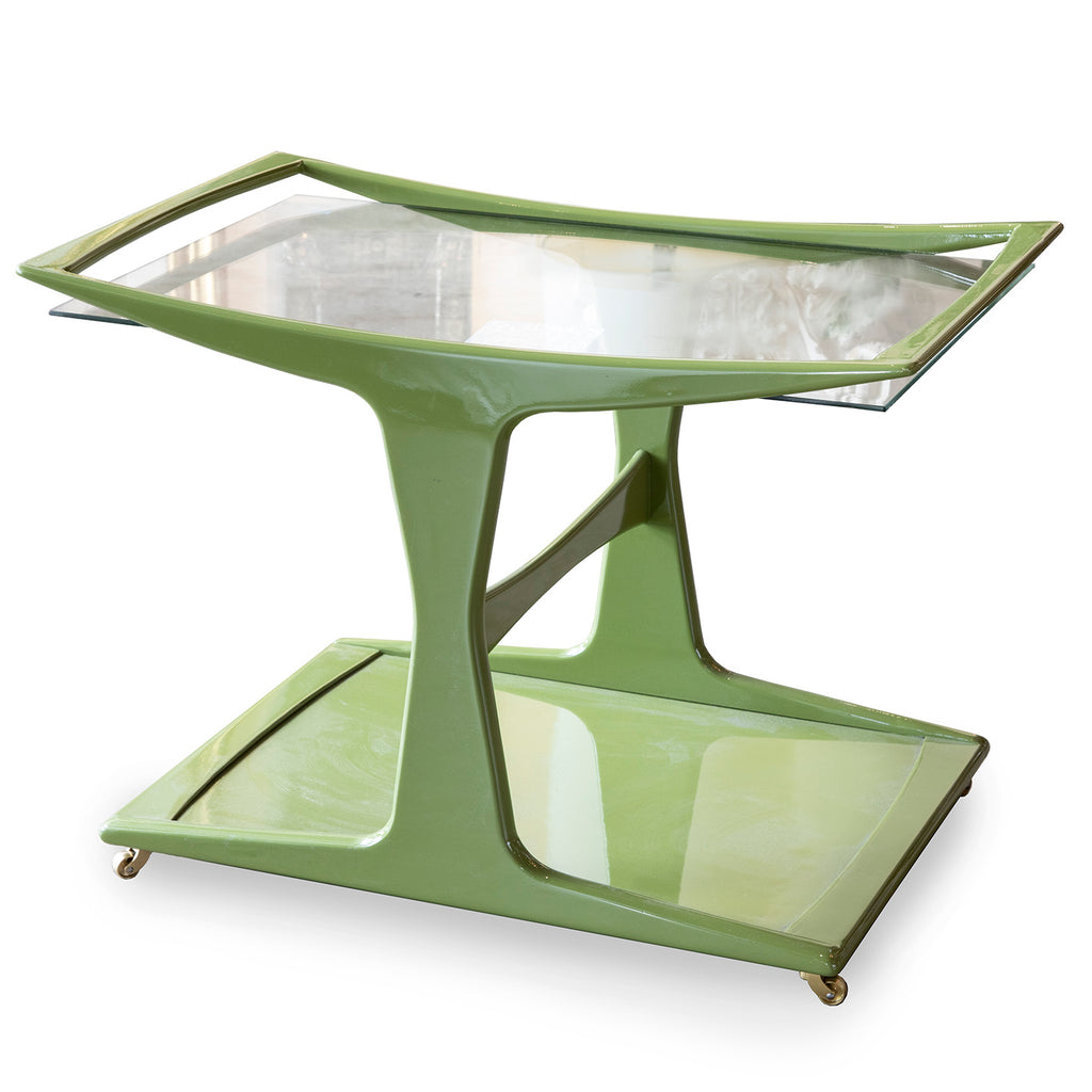 1950's Swedish Bar Cart newly Lacquered in Pea Green with Glass Top