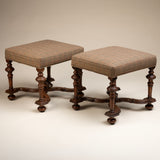 Antique French Walnut Os de Mouton Stool, Newly Upholstered