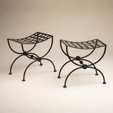 Pair of Vintage Mid-Century "Florentine" Style Black Wrought Iron Curule Stools.