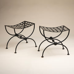 Pair of Vintage Mid-Century "Florentine" Style Black Wrought Iron Curule Stools.