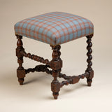 Barely Twist Stool, Newly Upholstered in Blue/Rust Plaid Fabric
