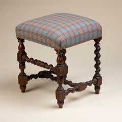 Barely Twist Stool, Newly Upholstered in Blue/Rust Plaid Fabric