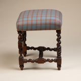 Barely Twist Stool, Newly Upholstered in Blue/Rust Plaid Fabric