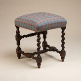 Barely Twist Stool, Newly Upholstered in Blue/Rust Plaid Fabric