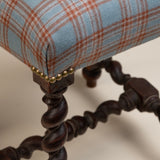 Barely Twist Stool, Newly Upholstered in Blue/Rust Plaid Fabric