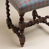 Barely Twist Stool, Newly Upholstered in Blue/Rust Plaid Fabric