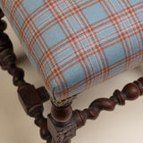 Barely Twist Stool, Newly Upholstered in Blue/Rust Plaid Fabric