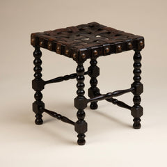 Vintage Spainish Revival Footstool with Woven Brown Leather Straps on Wood Base