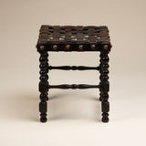 Vintage Spainish Revival Footstool with Woven Brown Leather Straps on Wood Base