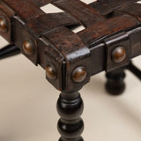 Vintage Spainish Revival Footstool with Woven Brown Leather Straps on Wood Base
