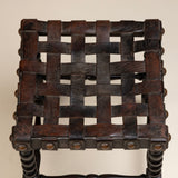 Vintage Spainish Revival Footstool with Woven Brown Leather Straps on Wood Base