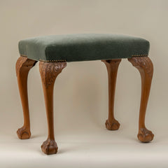 Tall Cabriole Leg Stool, Newly Upholstered in Seafoam Velvet, England