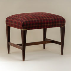 Vintage English Wood Stool with Plaid Wool Seat Cushion