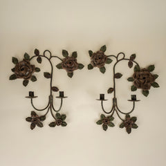 Pair of Wrought Iron Rose Sconces, Vintage