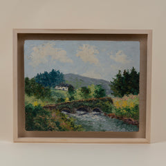 Vintage Landscape with Cottage and Bridge Painting on Board