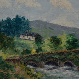 Vintage Landscape with Cottage and Bridge Painting on Board