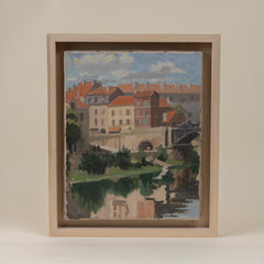 European Village Scene on Canvas, Newly Framed