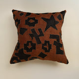 Vintage African Kuba Cloth Pillow, Rust with Black Applique Pattern