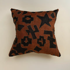 Vintage African Kuba Cloth Pillow, Rust with Black Applique Pattern