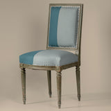Set of Six French Polychromed Beech Louis XVI Style Dining Chairs, 20th c. rectangular canted backs over trapezoidal bowed seats, on turned tapered reeded legs, in blue velvet upholstery with iron tack decoration,