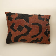 Vintage African Kuba Cloth Pillow, Rust with Black Applique Pattern