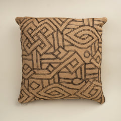 Vintage African Kuba Cloth Pillow, Natural with Black Embroidery Pattern