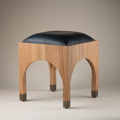 Renshaw Stool Frame in Black Leather with Natural Blonde Oak with Brass Fittings