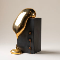 Handmade Ceramic Sculpture in Burnished Gold on Steel Pedestal with Metal Rivets, Titled: The Drip