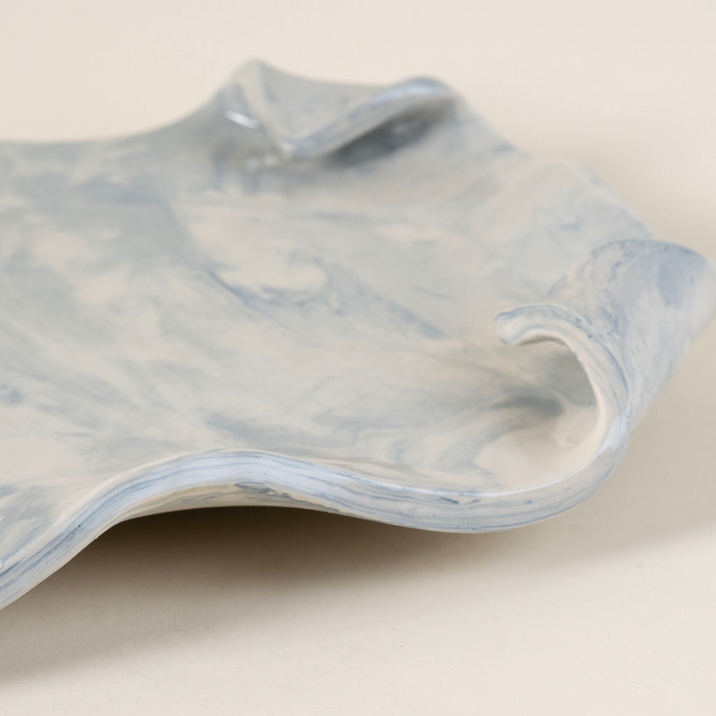 Blue Marbleized Porcelain Tray with Curled Corners