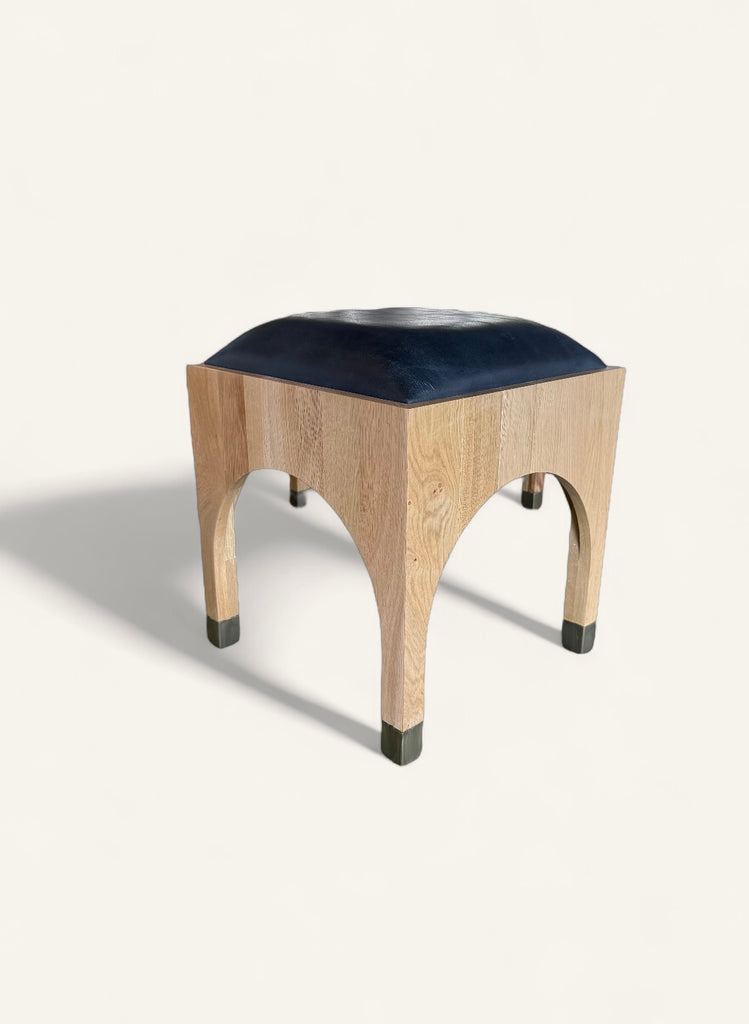 Renshaw Stool Frame in Black Leather with Natural Blonde Oak with Brass Fittings
