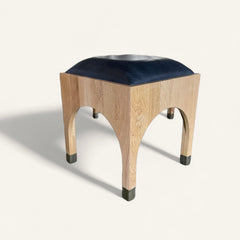 Renshaw Stool Frame in Black Leather with Natural Blonde Oak with Brass Fittings