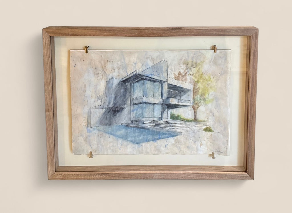 Architectural Line Drawing done in a Washed Watercolor on Vintage Vellum Paper, framed in Walnut. Titled: Dream House 1