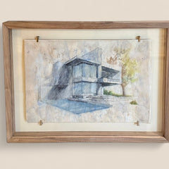 Architectural Line Drawing done in a Washed Watercolor on Vintage Vellum Paper, framed in Walnut. Titled: Dream House 1