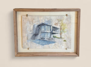 Architectural Line Drawing done in a Washed Watercolor on Vintage Vellum Paper, framed in Walnut. Titled: Dream House 1