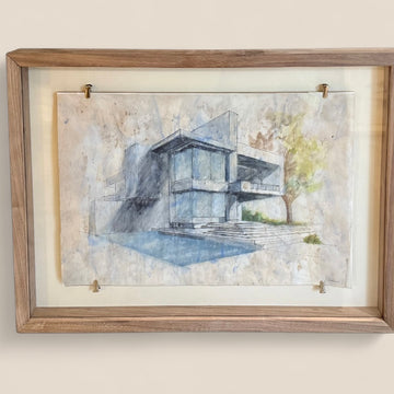 Architectural Line Drawing done in a Washed Watercolor on Vintage Vellum Paper, framed in Walnut. Titled: Dream House 1