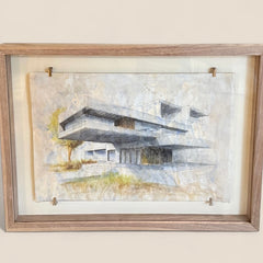 Architectural Line Drawing done in a Washed Watercolor on Vintage Vellum Paper, framed in Walnut. Titled: Dream House 2