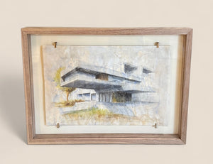 Architectural Line Drawing done in a Washed Watercolor on Vintage Vellum Paper, framed in Walnut. Titled: Dream House 2