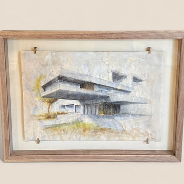 Architectural Line Drawing done in a Washed Watercolor on Vintage Vellum Paper, framed in Walnut. Titled: Dream House 2