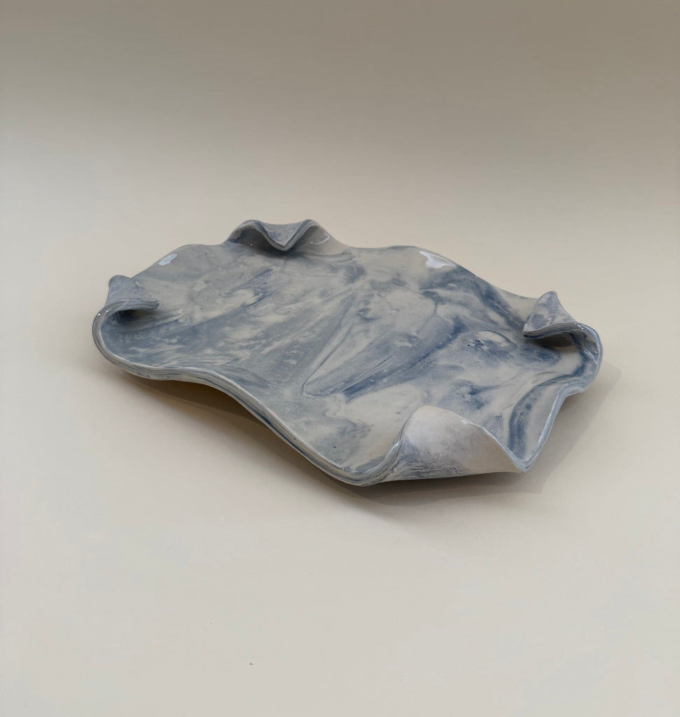 Blue Marbleized Porcelain Tray with Curled Corners, made by Local Houston Artist