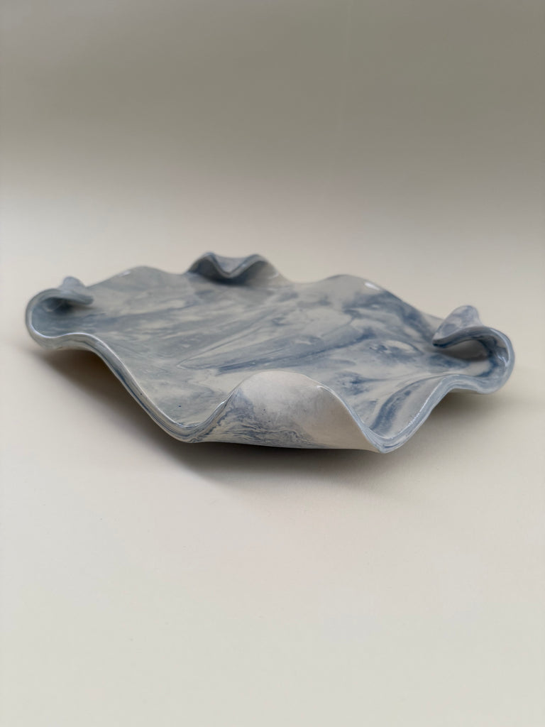 Blue Marbleized Porcelain Tray with Curled Corners, made by Local Houston Artist
