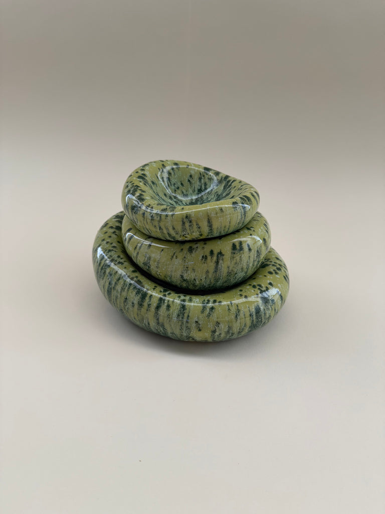 Set of 3 Handmade Organic Shaped Stacking Bowls in Speckled Chartreuse