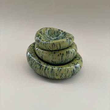 Set of 3 Handmade Organic Shaped Stacking Bowls in Speckled Chartreuse