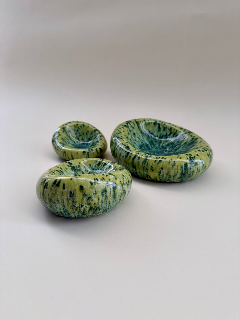 Set of 3 Handmade Organic Shaped Stacking Bowls in Speckled Chartreuse