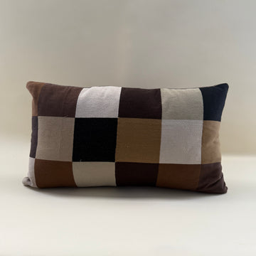 Large Lumbar Pillow with Embroidered Tile Front Panel and Brown Wool back Panel