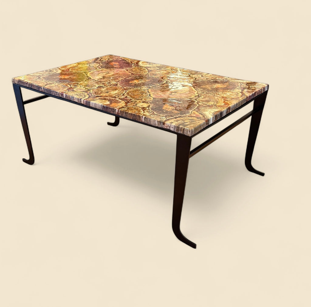 Rectangular Petrified Wood Top on custom Steel Base with curled legs