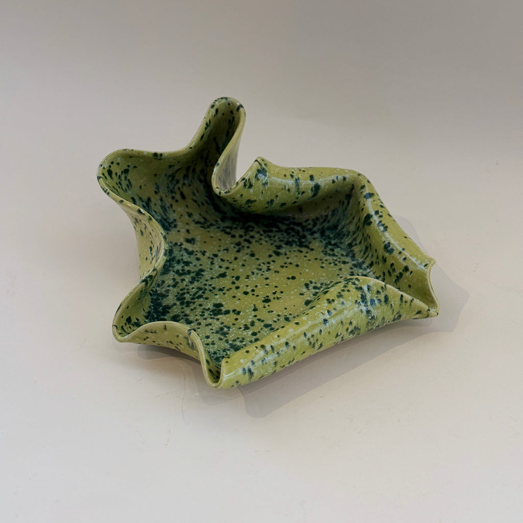 Handmade Ceramic Wave Tray in a Lime Shower Speckled Finish